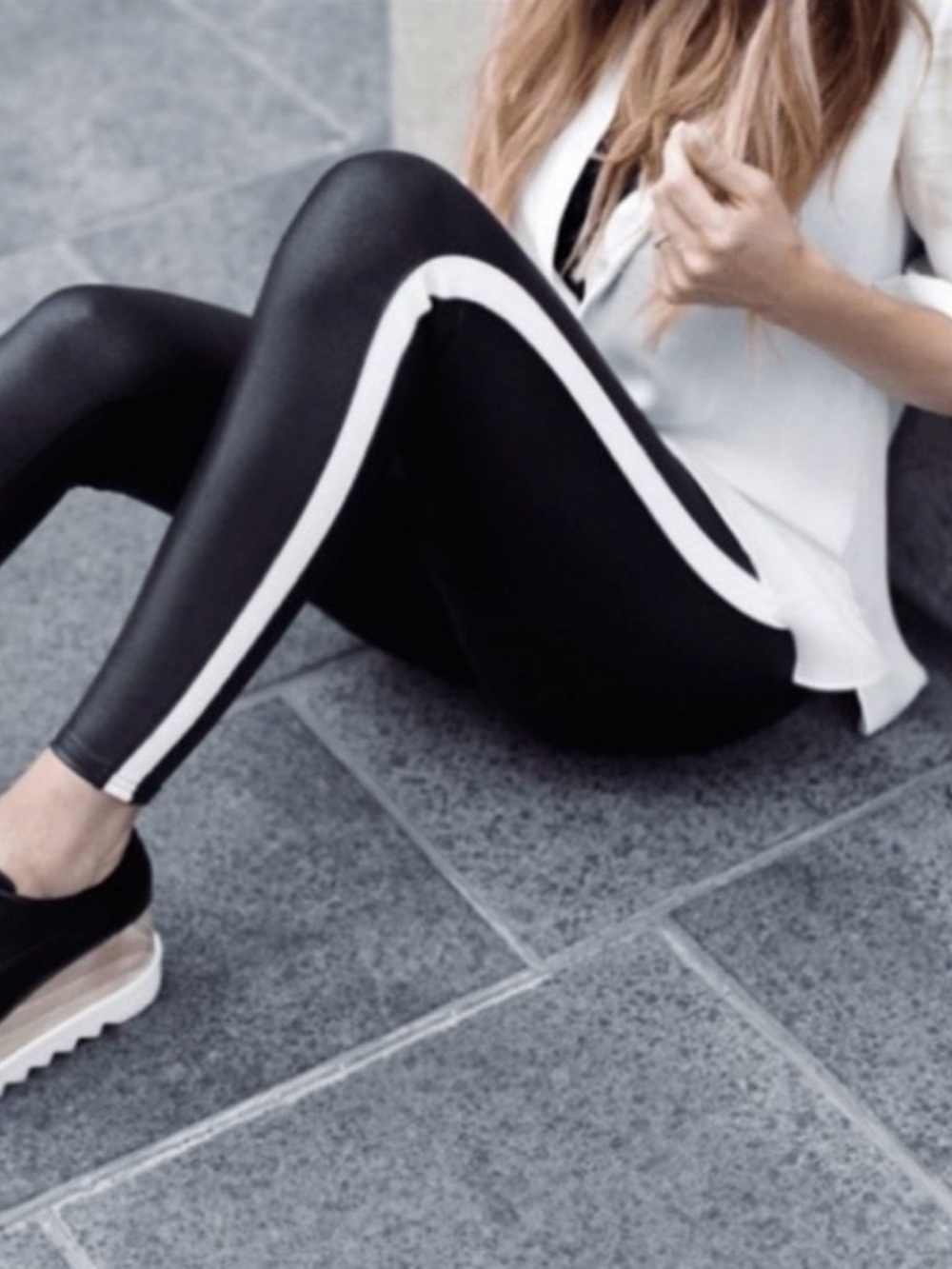 Spanx Women’s Black faux leather tuxedo Leggings with White Side Stripe size M